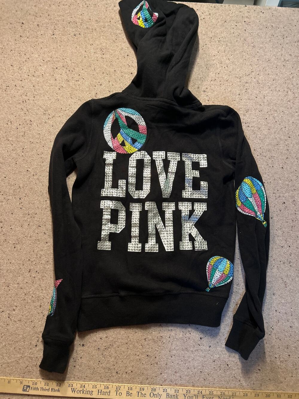 Y2K Victoria's Secret Pink Full Zip Hoodie Rhinestone Spell Out Peace Heart XS